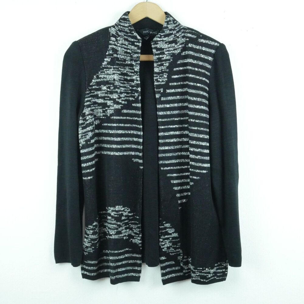 Ming Wang S Sweater Knit Jacket‎ Black Abstract Print Modal Blend Career Elegant